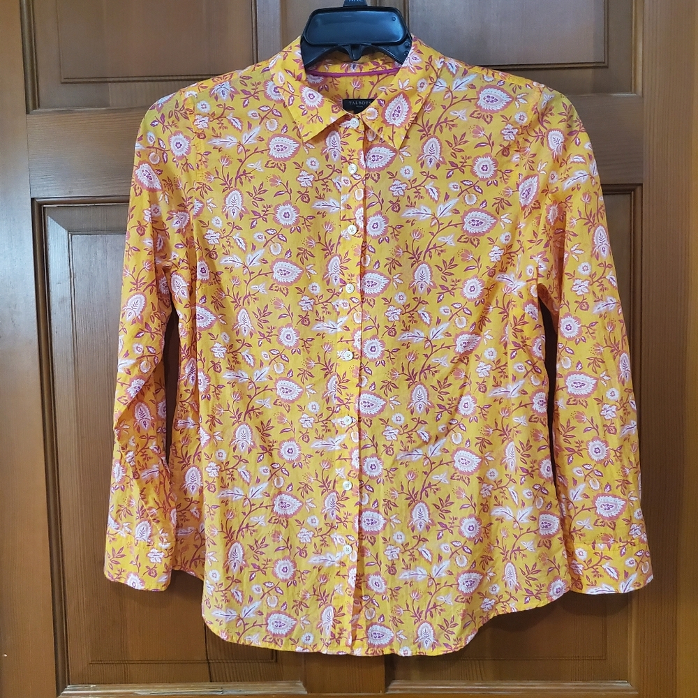 Talbots Climbing Jacobean Orange Floral Lightweight Button up Shirt Women's Lp